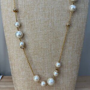 J. Crew Long Necklace Gold Tone Pearl, Glam, Wedding, Prom, Event